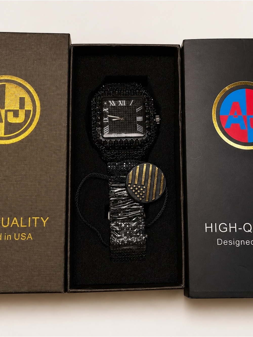 Original AJ Black ice square watch / Roman numeral dial / luxury stainless steel
